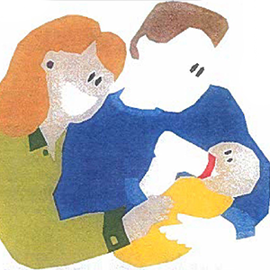 Illustration of a mother and a father holding a feeding baby