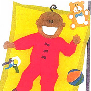 Illustration of happy baby on blanket with toys