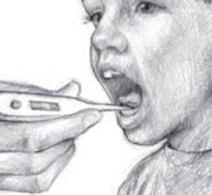 Young child with thermometer in mouth, under the tongue
