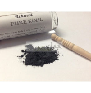 A jar of kohl, with some of the black powder poured out