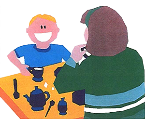 Illustration of child and parent with tea set