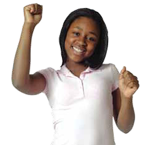 Girl smiling and raising arms cheerfully