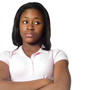 Girl with arms crossed in front of her chest and a pensive expression