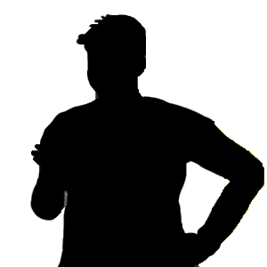 Silhouette of man with spiky hair talking.