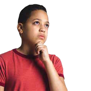Boy in red shirt with hand on chin and a pensive expression